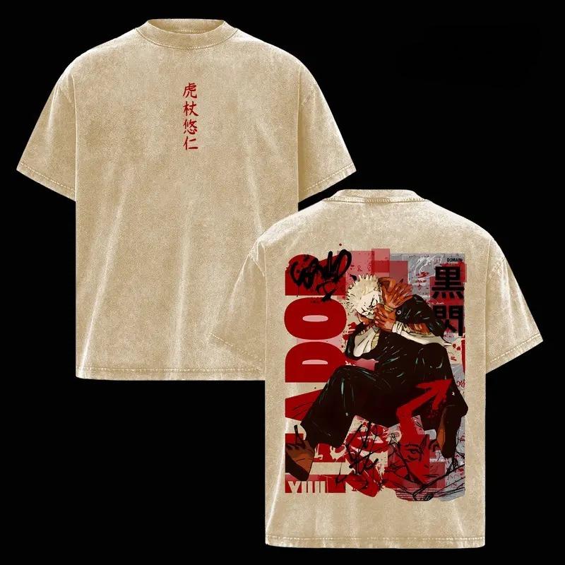 Itadori Yuji Jujutsu Kaisen Graphic T Shirt Men Short Sleeve Cotton Tshirts Vintage Washed Tee Harajuku Male Oversized T-shirt