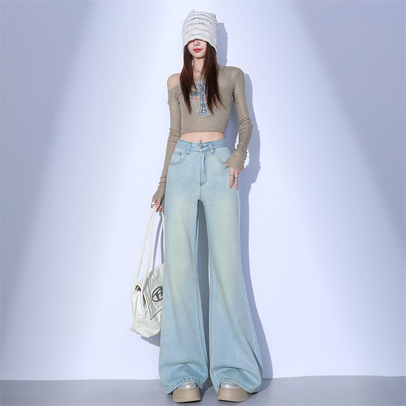 Women s Light Blue Distressed Micro-Flare Jeans - Spring 2026 Low-Waist, Loose Fit, Slimming, Pear-Shaped Hip-Covering. L
