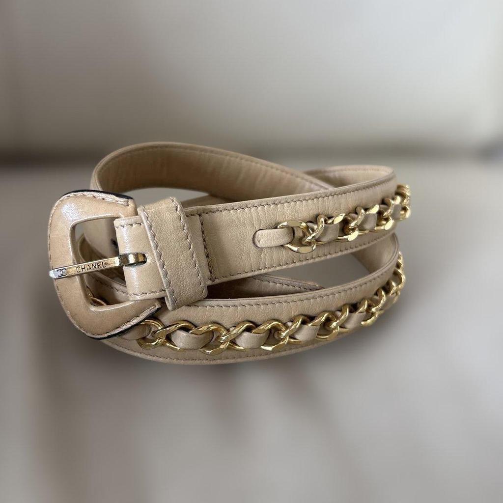 Used CHANEL Belt Leather Chain Beige Vintage