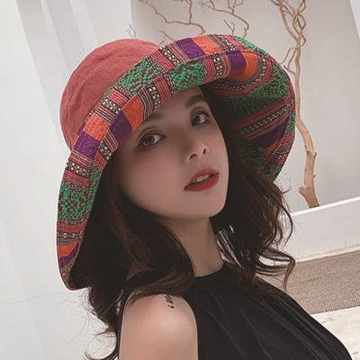 Sun Protection Uv Protection Sunshade Hat Ethnic Style Retro Drawstring Hat Women's Outdoor Sunblock Shade Hiking Hat Double-Sided Fisherman Hat