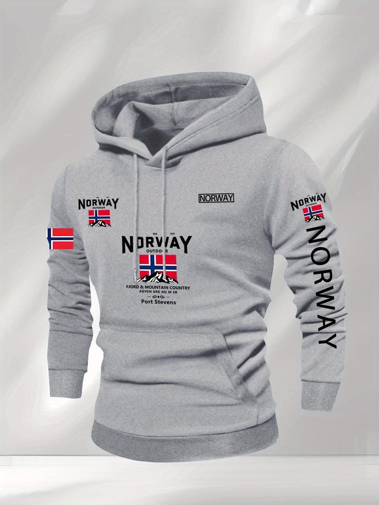 Hanorac cu glugă pentru bărbați cu imprimeu norvegian, modă, toamnă/iarnă, zilnic, în aer liber, vacanță, fitness, casual, larg, cald, îmbrăcăminte sport