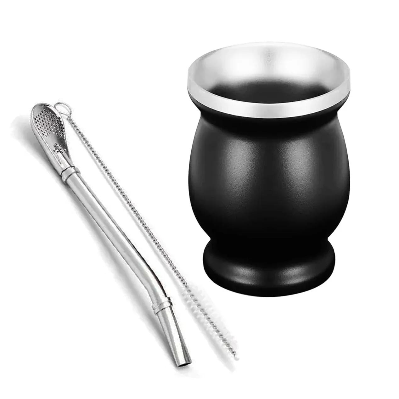 

Чашка для мате из нержавеющей стали 304 с двойными стенками UPORS, 8 унций, аргентинская тыква для мате с бомбильями и щеточкой для чистки чёрный