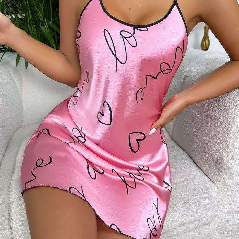 Damen Sommer Seide Ärmelloses Nachthemd - Sexy Eis Seide Druck Kurz Slip