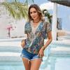 Summer Women's Shirt Ethnic Printed V-Neck Lace Top Bohemian Tropical Printed Shirt