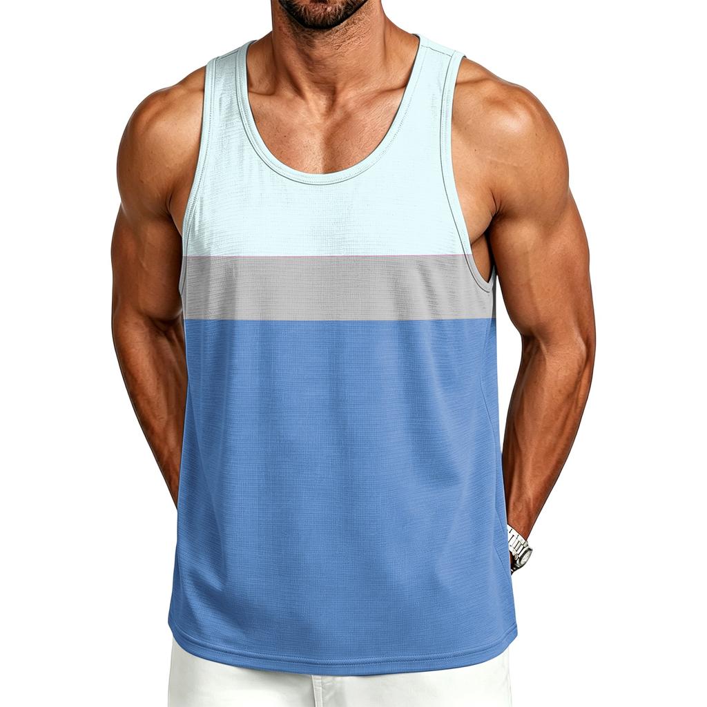 Men's Casual Sleeveless Tank Top Outdoor Sports Round Neck Striped Print Lightweight Breathable Summer Vest Shirt
