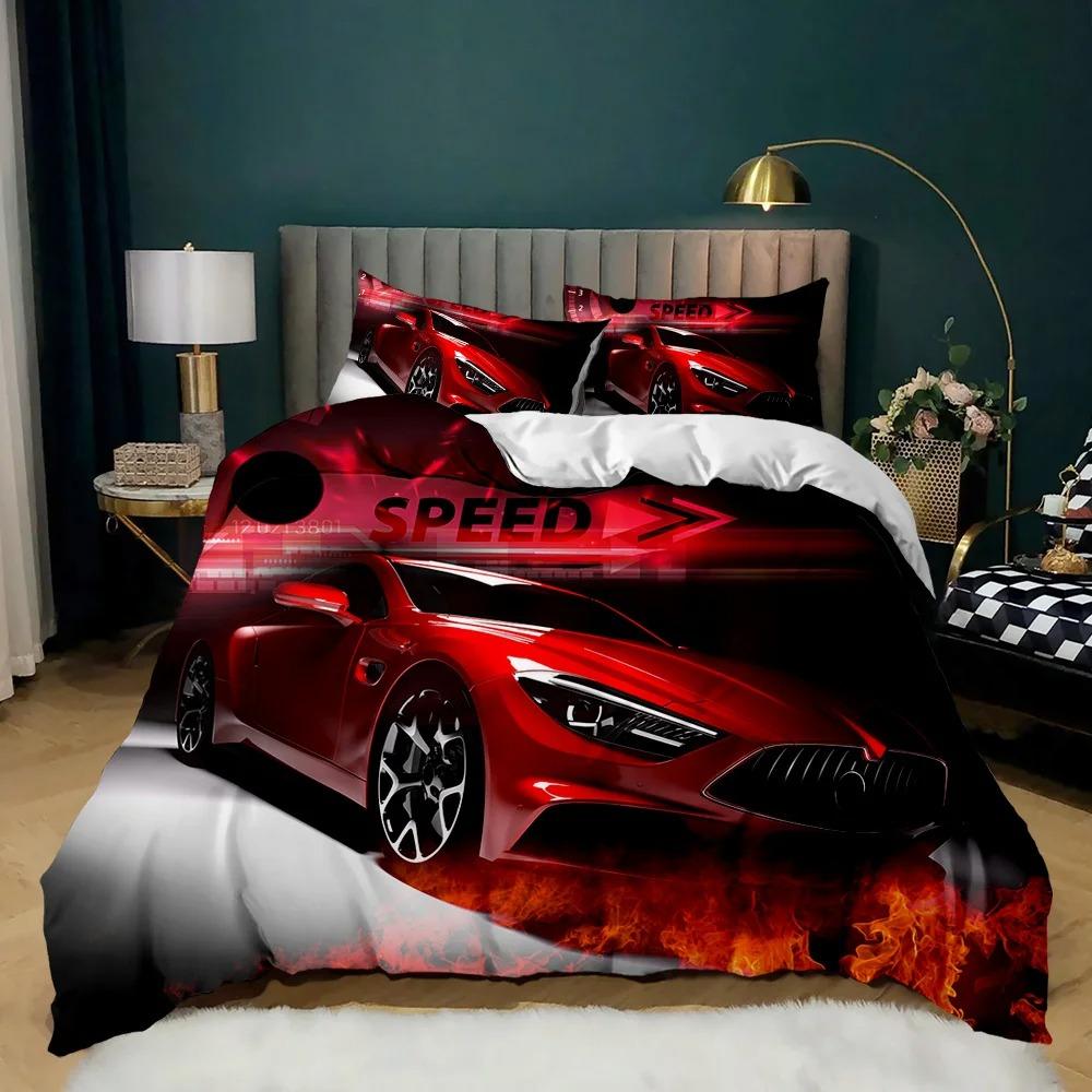 Burning Red Flame Race Car Bedding Set,Boy&Girl Sports Car Duvet Cover Pillow Case Gift, Home Bedroom Quilt Set Large King 260