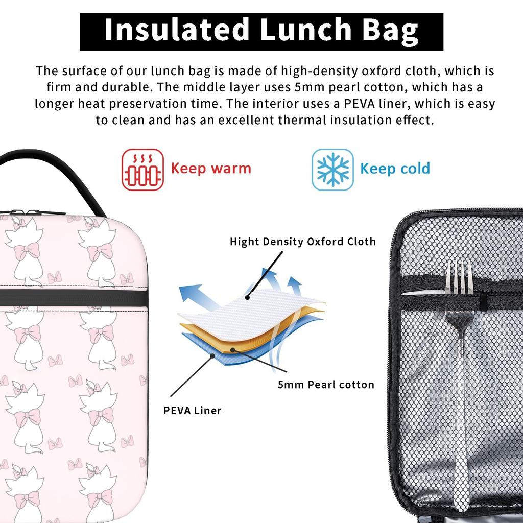 Maries Cat Pattern Insulated Lunch Bag Thermal Bag Reusable,Meal Container Portable Lunch Box Tote Bento Pouch College Picnic