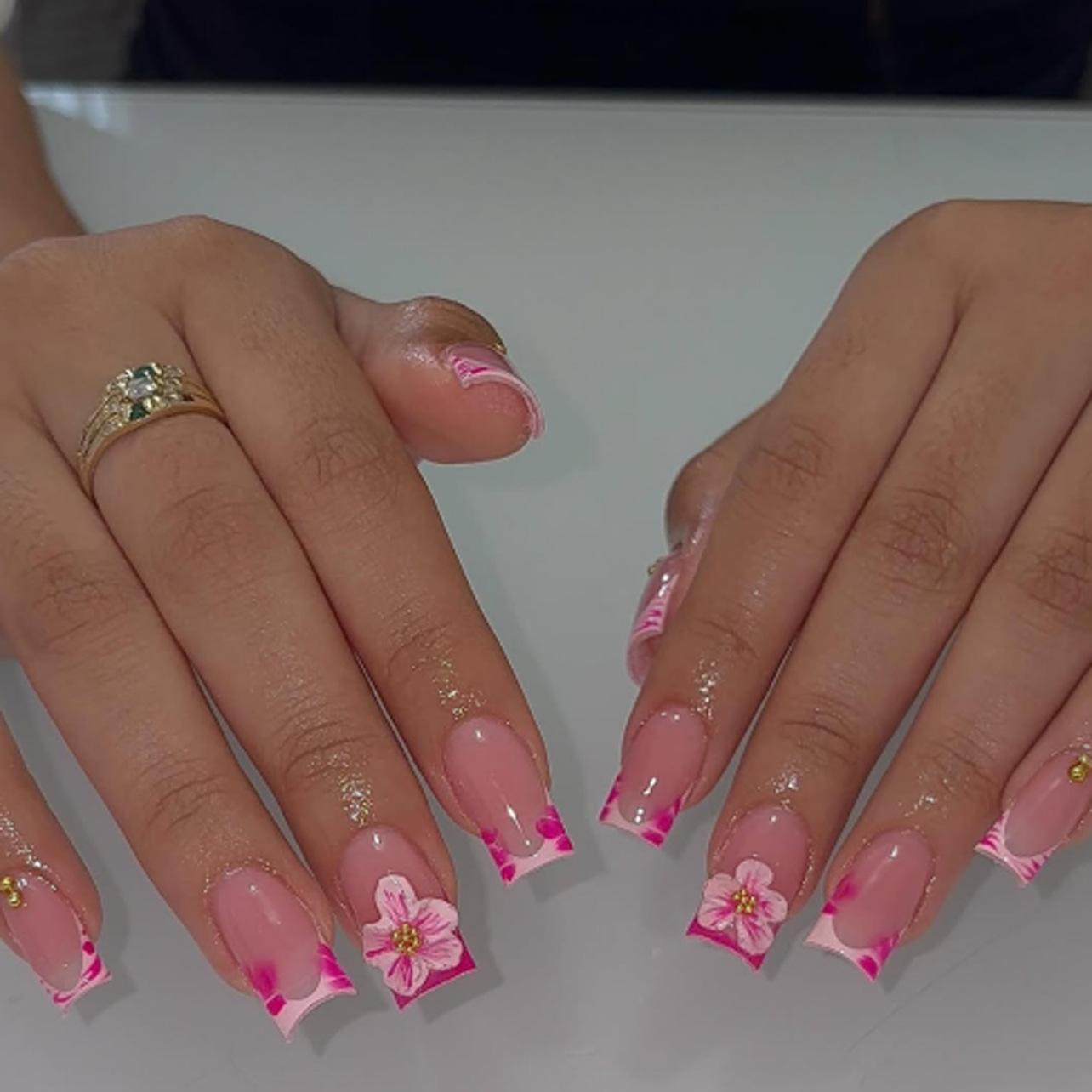 

French pink zebra pattern wearing nail medium and long square nail manicure 3D flower wearing fake nail