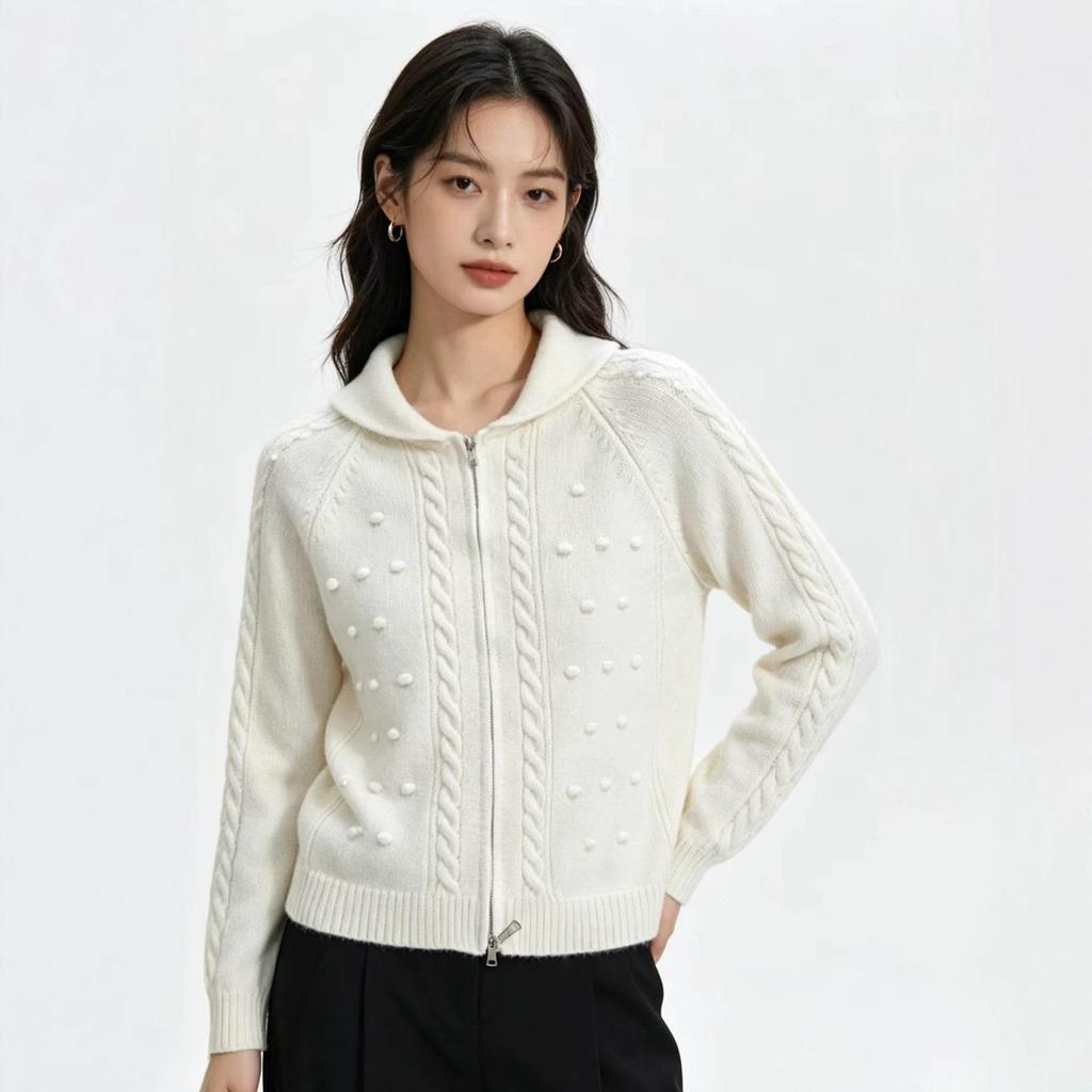 Korean-Style Double Zipper Retro Cable Knit Cardigan Jacquard Lapel Sweater for Women