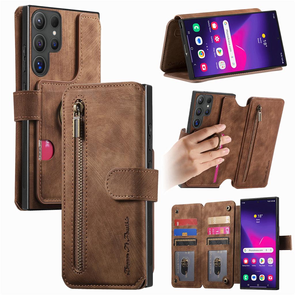 Dragkedja Kortfack Plånbok Läder Ringhållare Plånboksfodral För Samsung Galaxy S25 Ultra S24 Plus S23 A16 A06 A55 A35 A15 Flipfodral