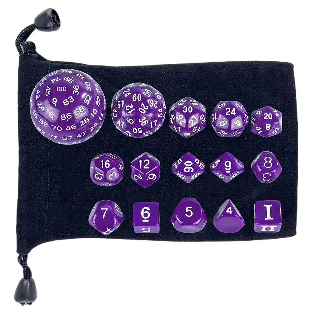 15pcs Opaque Polyhedral Dice Set D3-D100 for Tabletop Role Playing Games DNDGame TRPG Game Dice with Storage Bag