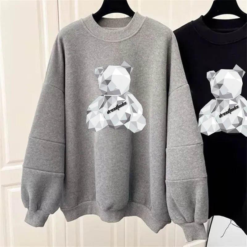 Sweatshirt Women Fleece-Lined Oversize Sweatshirt Winter Thickened Crew Neck Pullover Long Sleeve Mid-Length Loose Fit Top Sweatshirt