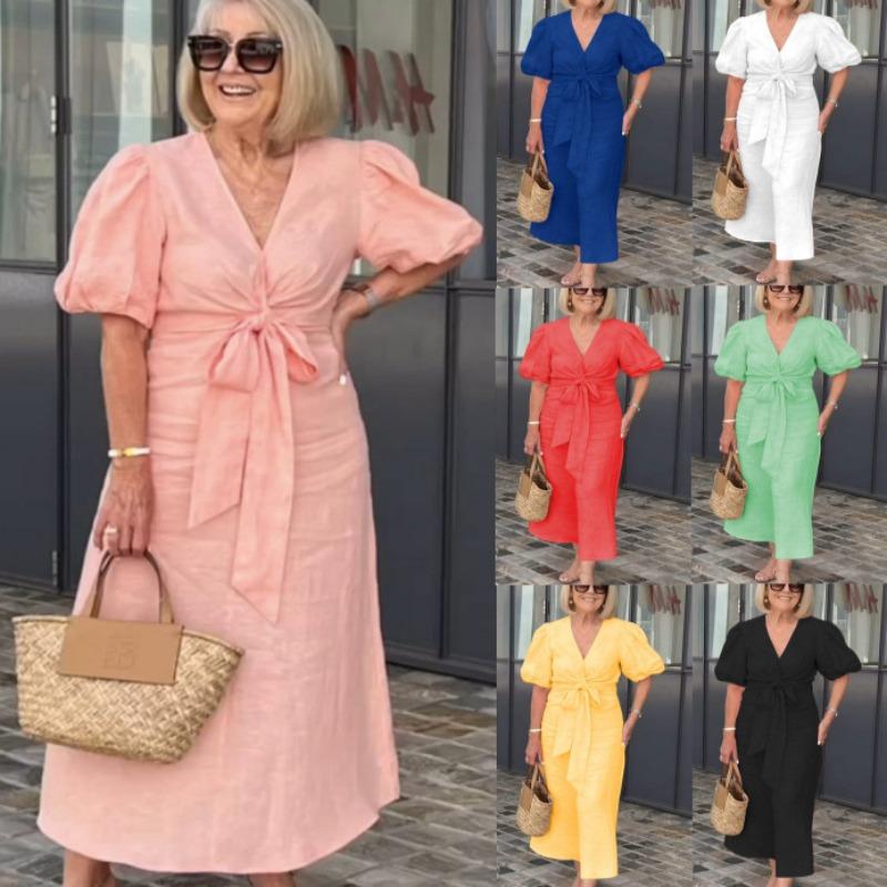 Plus Size Dress Women's Spring Summer V-neck Lace Up Bubble Sleeve Solid Casual Dresses