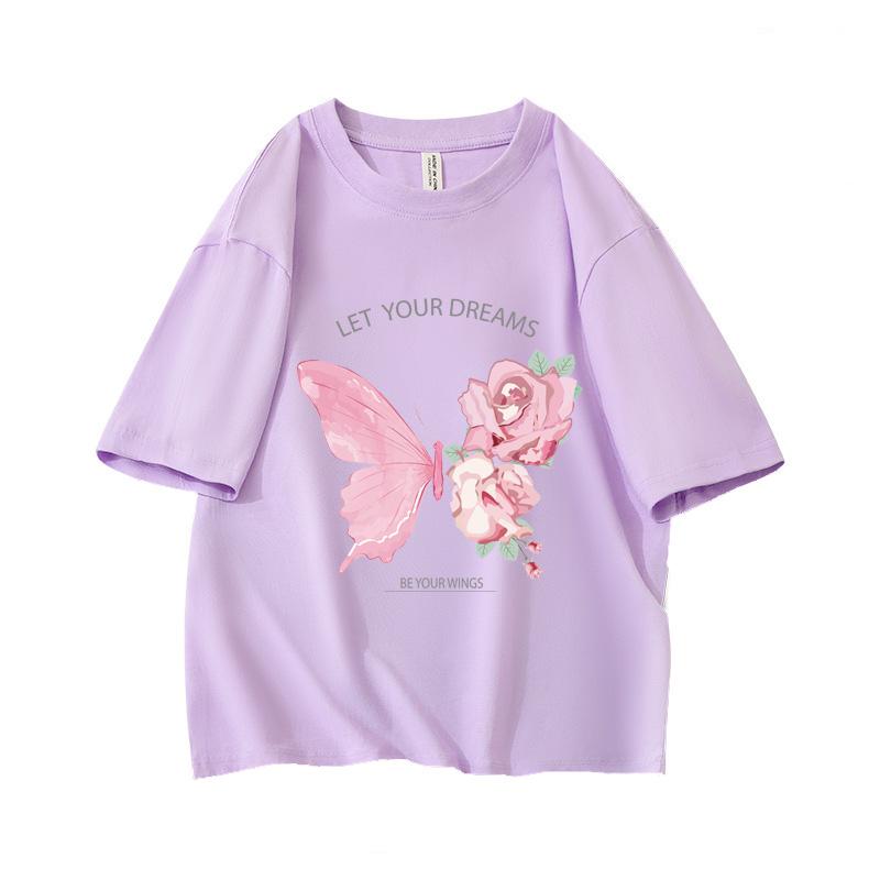 

Y2k Cute Sweet Oversized Short Sleeve O Neck T Shirt Butterflies Roses Print 100 Cotton Vintage Women Tops clothes Summer L