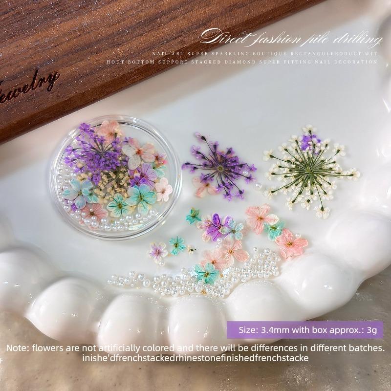 

1/4Box New Mixed Pearl Nail Art Dried Flower Charms Fairy Floral Manicure Accessories 3D Natural Dry Flower for Nail Salon