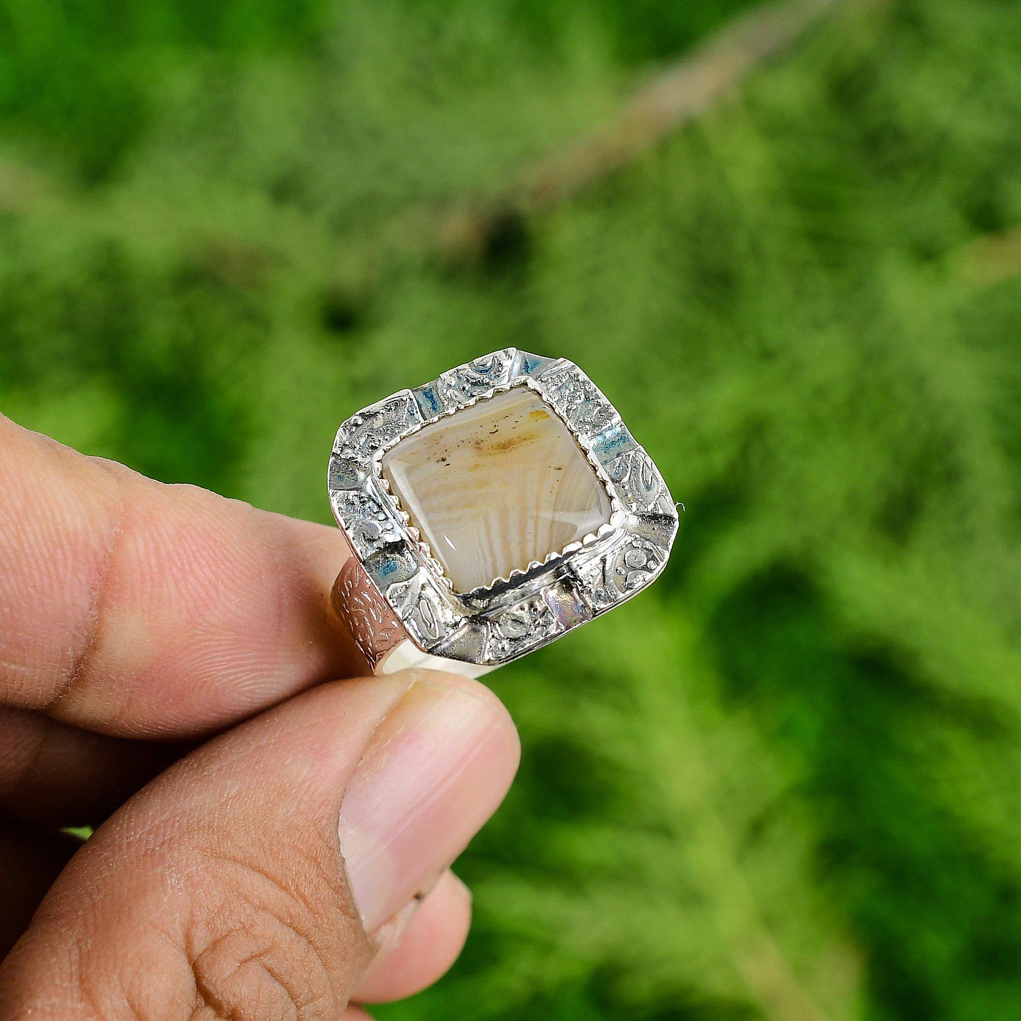 

Sterling Silver Botswana Agate Gemstone Solitaire Elegant Artisan Ring Jewelry Adjustable