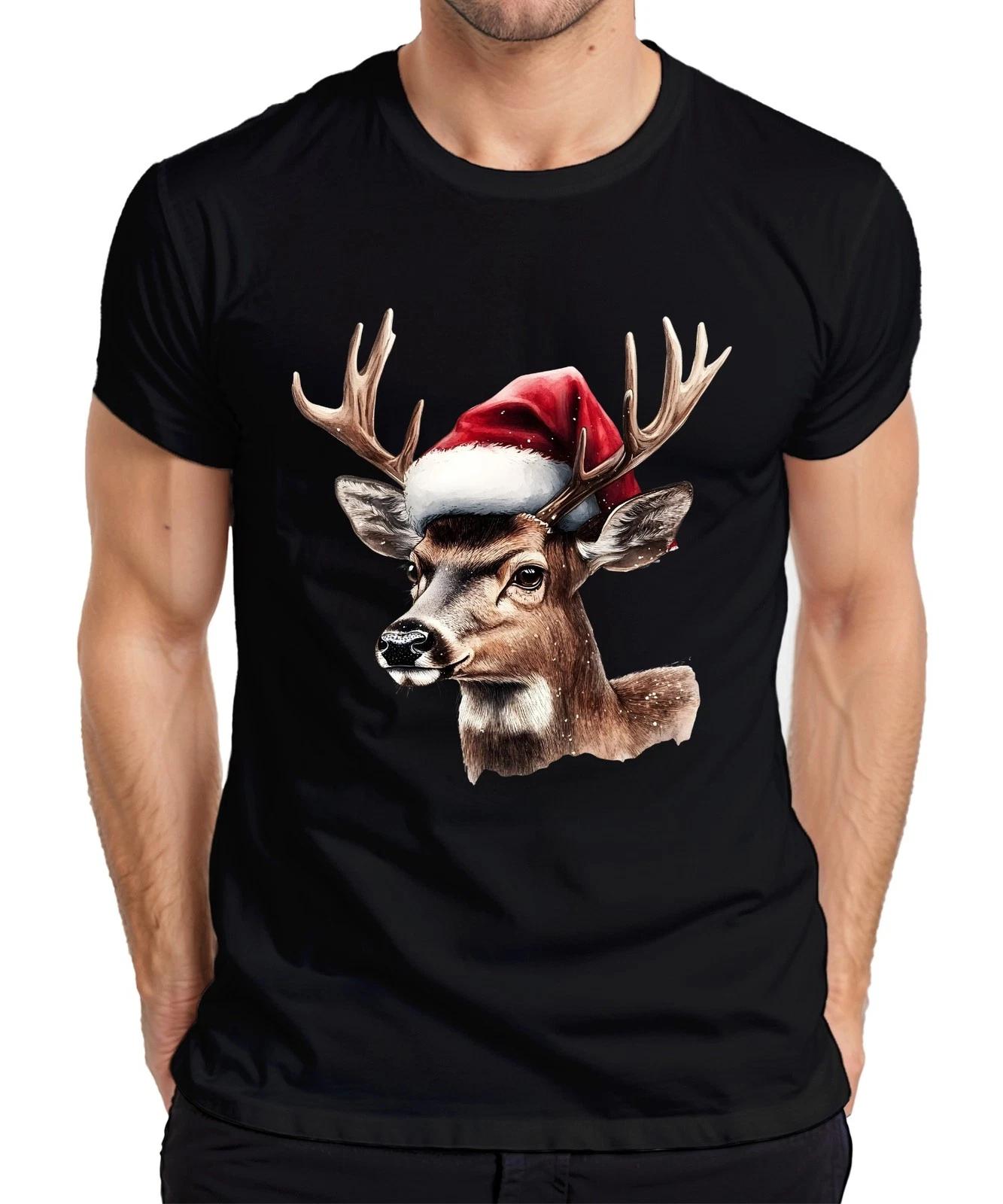 Weihnachtsrentier Hirsch Kopf Aquarell Weihnachtsmann Hut Retro Herren T-Shirt XXL
