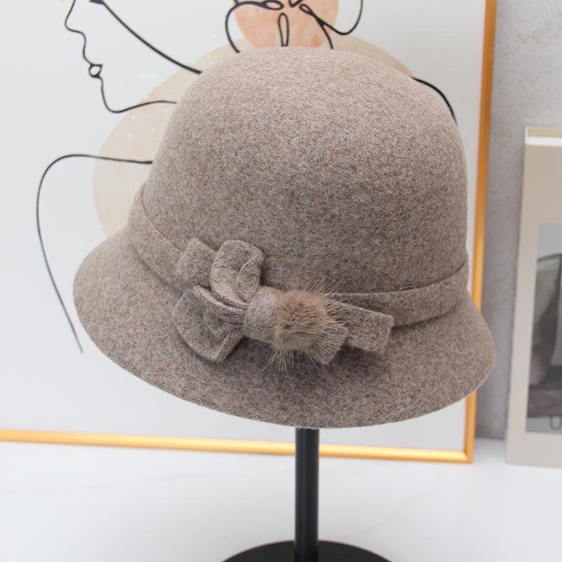 New autumn and winter women's wool top hat middle-aged mother hat retro bow basin hat foreign style warm old man hat