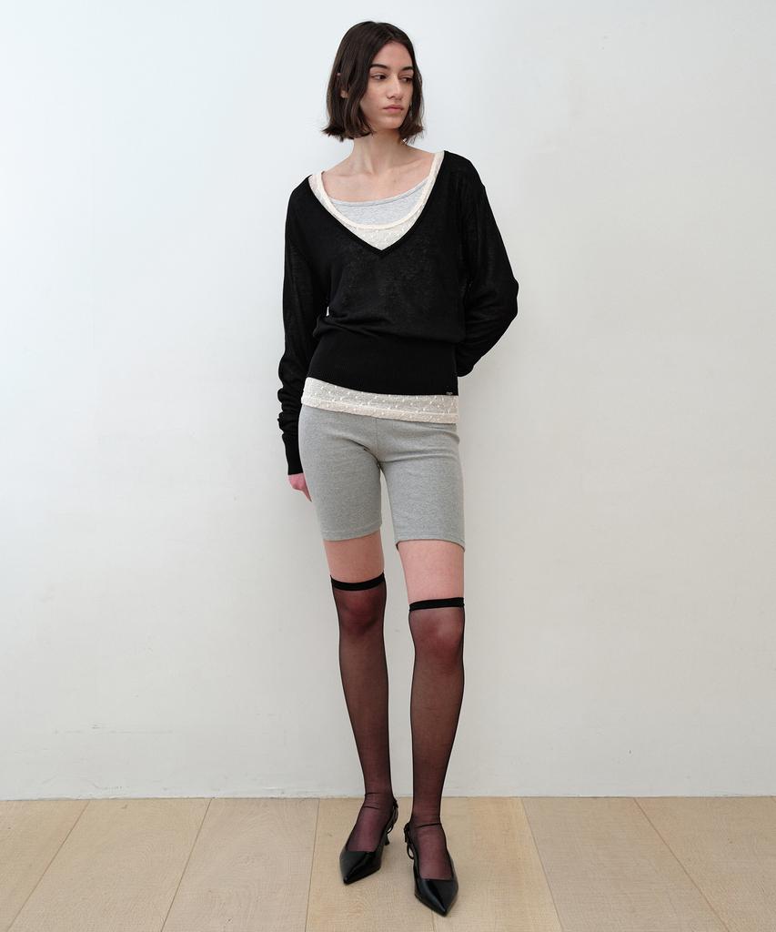Simeteuligpeosenteu Deep V-Neck Sheer Knit Top / Black