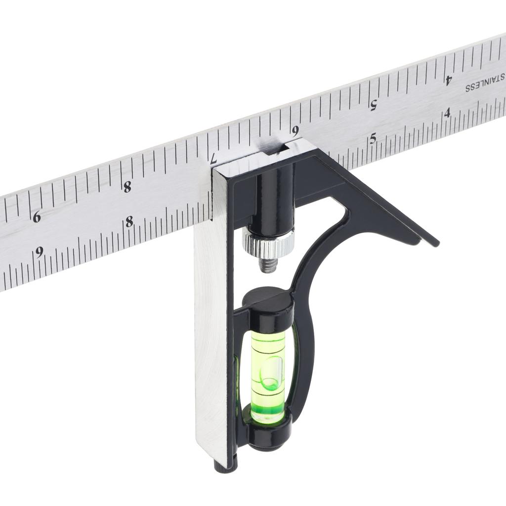 12inch 30cm Metric & Imperial Scale Combination Angle Ruler 45 / 90 Degree with Bubble Level Stainless Steel Multi-functional Measuring Tool