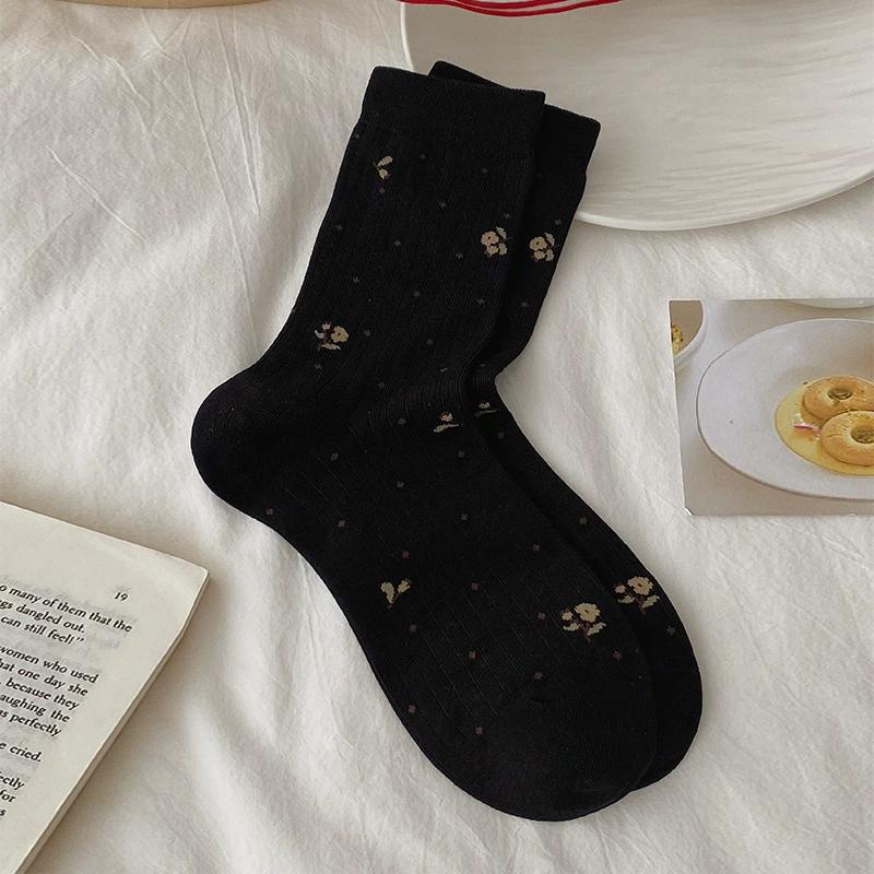 Gebrochene Blume Socken Neue Mittelhohe Socken Gekämmte Baumwolle Nahtlose Socken Retro Wellenpunkt Frottee Socken Neue Damen Socken Herbstmode