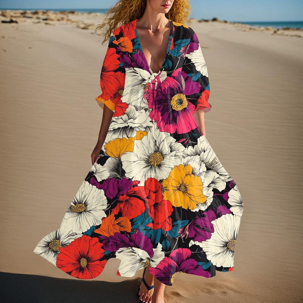 Women's Summer Fashion V-neck Retro Floral Print Short Sleeved Beach Dress With Lace Patchwork Dress
