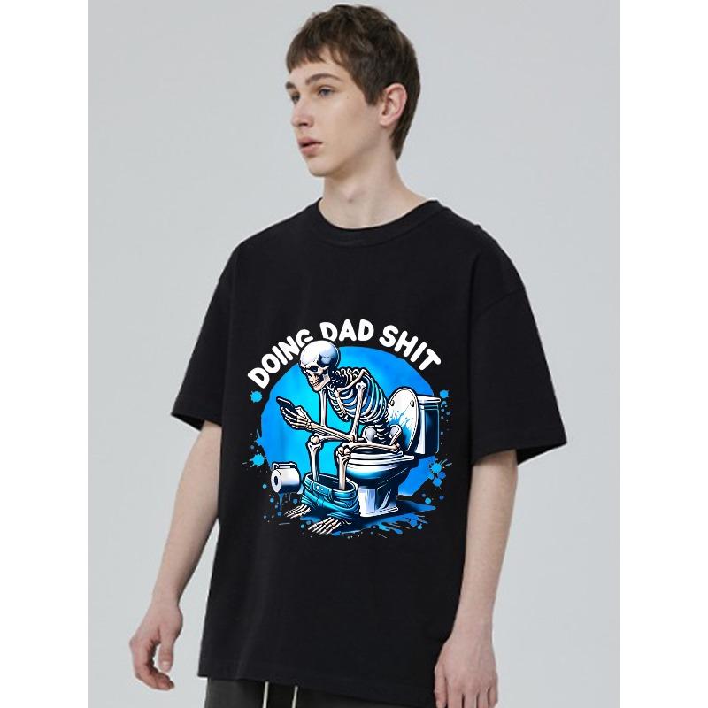 Black T Shirt Doing Dad Shit Skeleton Toilet Graphic For Casual Wear