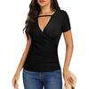 Women’s Short Sleeve V Neck Wrap Top with Strappy Fitted Stretchy Pullover Blouse for Casual or Office Wear