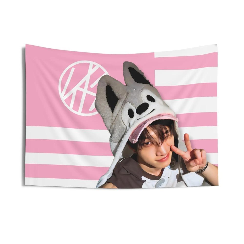 Tapestry Multiple Sizes Printed SKZ Bang Chan Wolf Hat Pink Concert Polyester Room Decor Wall Hanging Party Background Kpop Fan 74x94cm(29x37in)