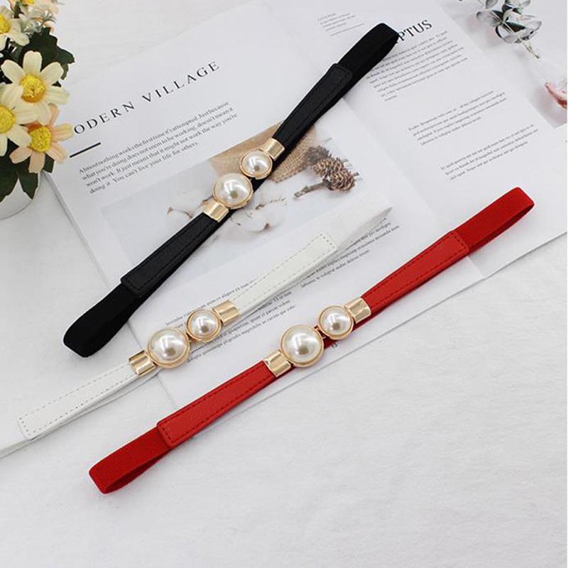 Creative Simulation Pearl Buckle Belt Leather Dress Skirt Waist Elastic Thin Women Belts Ladies Waistband