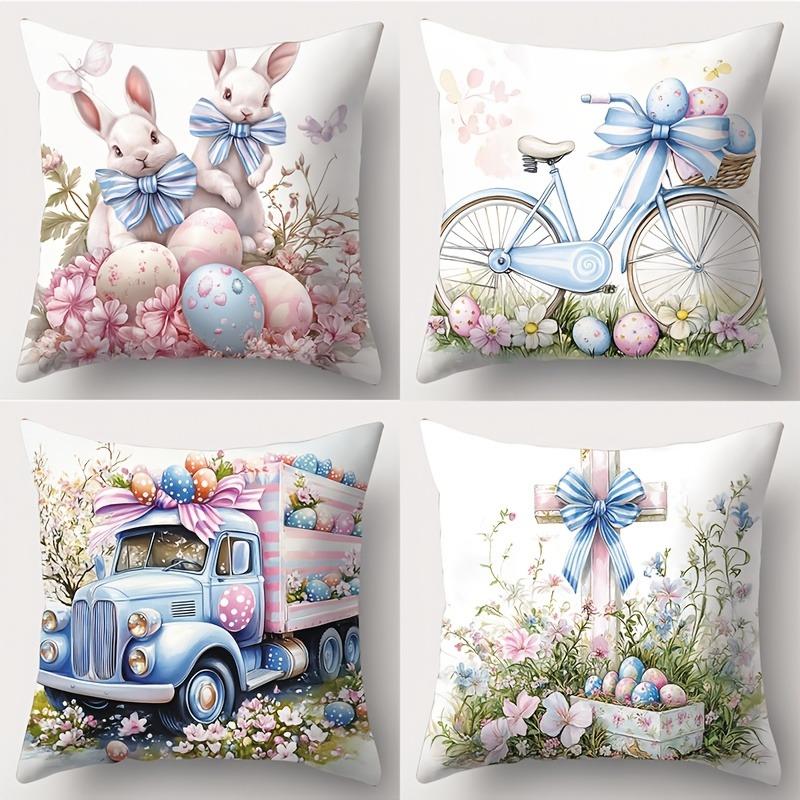Short Plush Material Pillowcasehappy Easter Decoration Pillowcase Home Room Decoration Bowknot Rabbit Truck Egg Print Living Roo