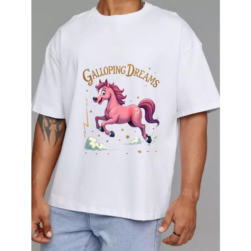 Cotton T-Shirt White Galloping Dreams Pink Horse with Stars and Clouds Graphic Print Casual Wear for Men and Women