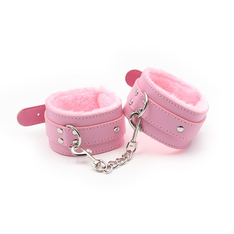 BDSM Bondage Adjustable PU Leather Plush Pink Handcuffs Footcuffs Ankle Cuffs Slave Restraints Sex Adult Flirting Toy for
