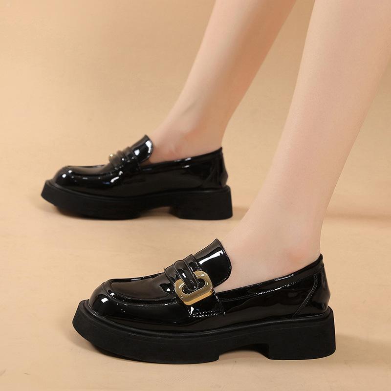 Black Small Leather Shoes Women's Single Shoes Autumn New Spring and Summer One-pedal Retro Platform Shoes