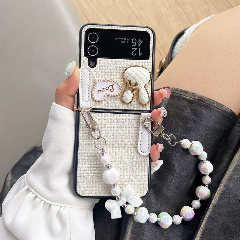 For Samsung Z Flip5 Flip Cover, ZFold4 Colorful Bead Handle Chain with Small Rabbit Heart Design