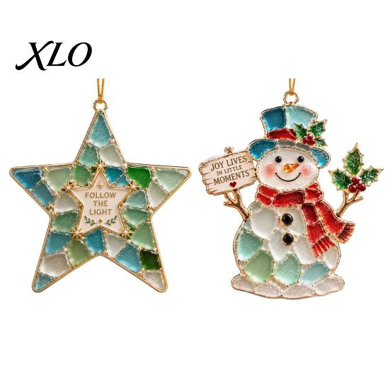 Festive Party Decor 2Pcs Sea Glass Christmas Ornament, Seaglass Heart Bird Angel Tree Star Holiday Supplies Snowman Pendant, Handmade Xmas Hanging