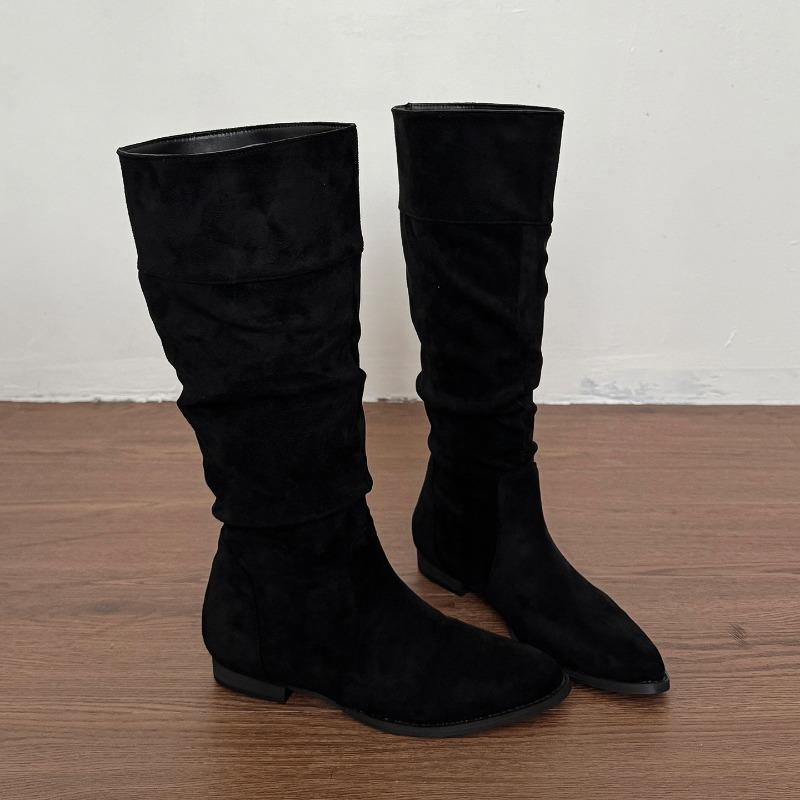 Vintage Pleated Women Knee High Boots Fashion Low Heels Pointed Toe Shoes Autumn Winter Slip On Modern Long Botas Para Mujer