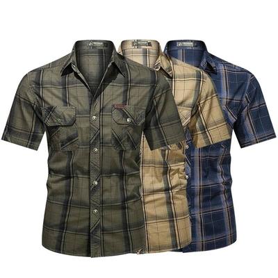 Camisa do exército masculina moda militar manga curta topos casual masculino lapela xadrez camisas de trabalho verão