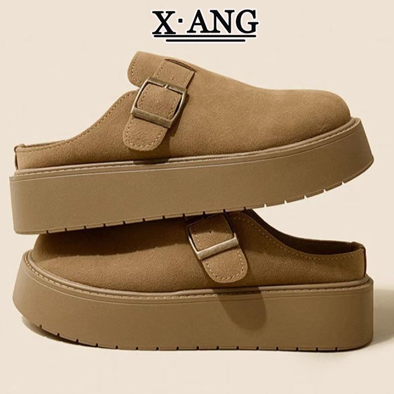 Cowhide version of children's thick-soled bag head and half slippers to wear spring and summer new one-pedal lazy single shoes