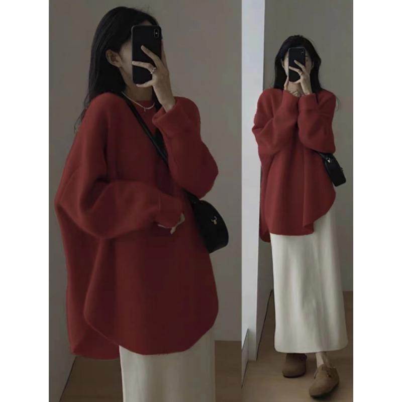 Autumn and Winter Pullover Women Medium and Long Sweater Fashion Loose Office Knitted Bottoming Shirt Solid Color O Neck Long Sleeve Casual Simple Top