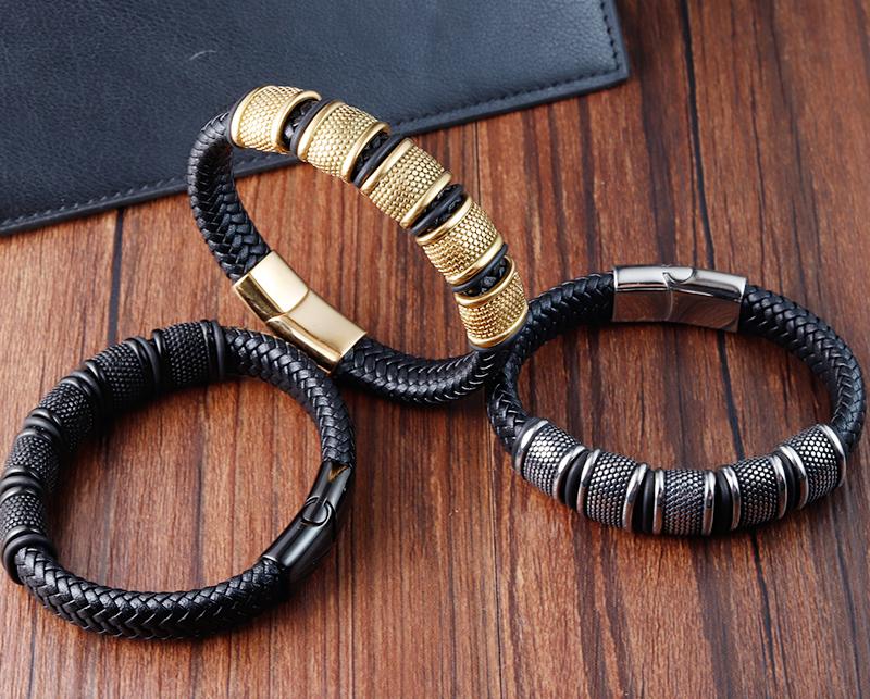 Fashion Men's Stainless Steel Bracelet Multi-layer Combination Cross Design Leather Bangles for New Year Gifts Male Jewelry