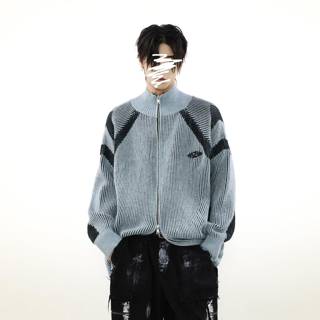 American Retro Design Sense Niche Fashion Contrasting Color Striped Turtleneck Sweater Couple Knitted Cardigan Casual Coat Men