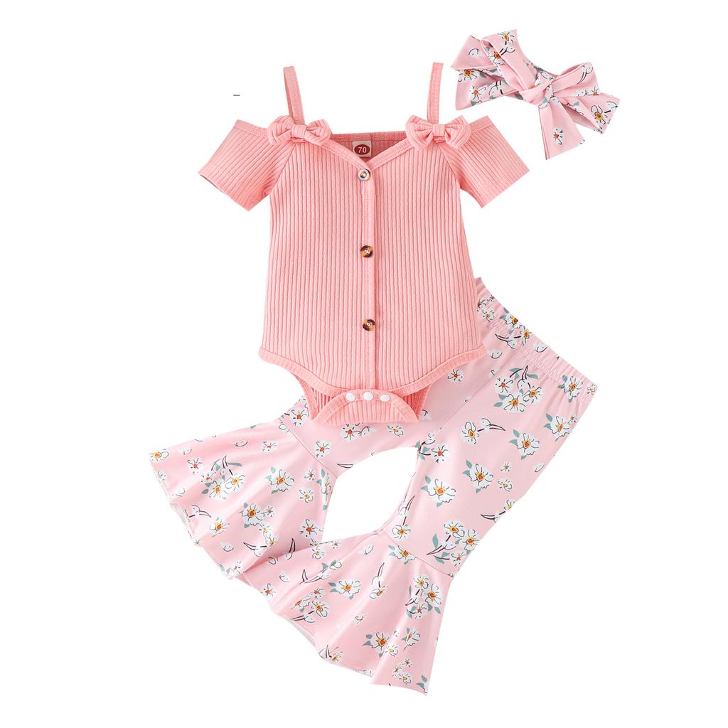 3Pcs Baby Girl Spring Outfits, Short Sleeve Cold Shoulder Romper + Flare Pants + Headband Set