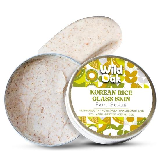WildOak Korean Rice Face Scrub | With Hyaluronic Acid, Kojic Acid & Alpha Arbutin | Glass Skin, Boosts Collagen & De-Tan | Gentle Exfoliation| 100g