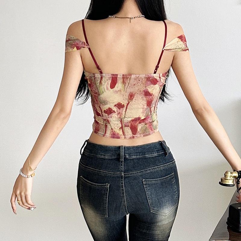 European and American style spring and summer new women's clothing solid color slim street fashion suspender printed halter vest women