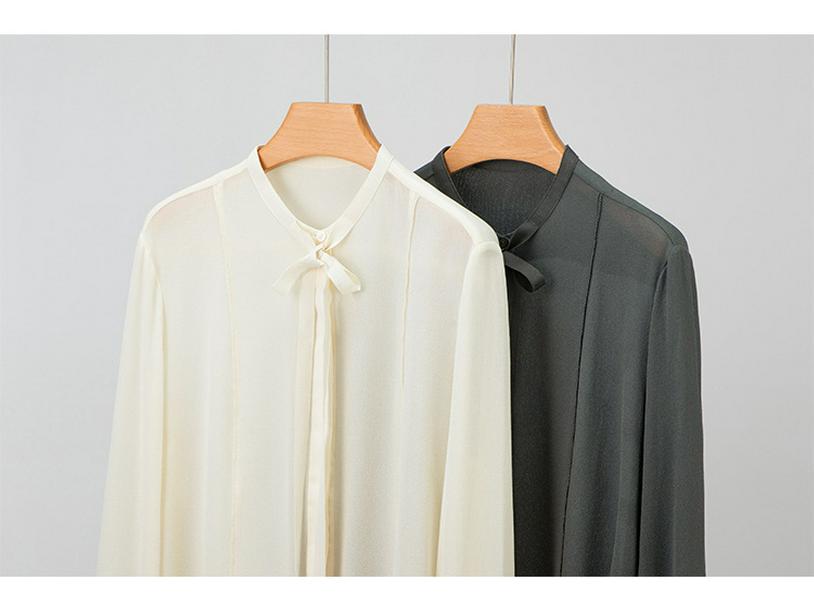 Women's Spring Silk Ribbon Shirt: Mulberry Silk French-Style Long Sleeve Top