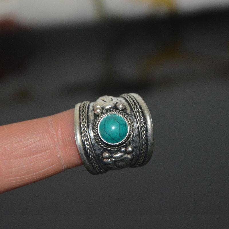 Tibetan Turquoise & Silver Ring, White Copper Open Style, Unisex Nepal Handicraft