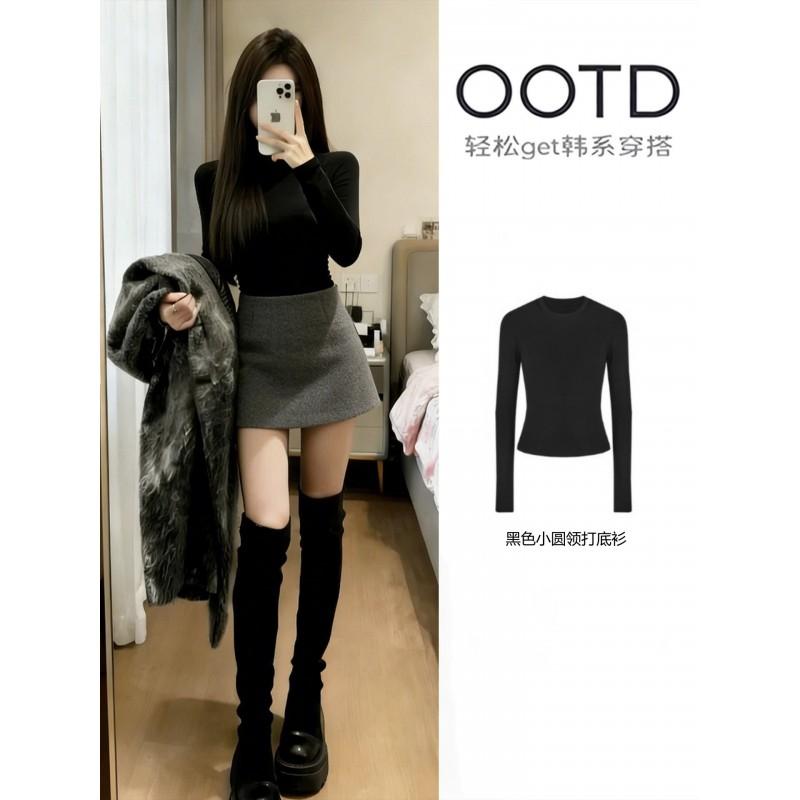 Womens Black Round Neck Long Sleeve T-Shirt Slim Fit Korean Style Casual Base Layer Top