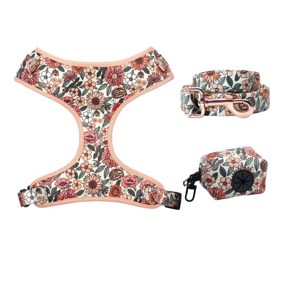 Zgardă de câine personalizată Boho Floral pentru fete, floare cu lesă și ham asortate