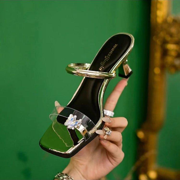 Fairy Feng Shui Diamond Sleeve Toe Sandals Female Summer Fashion Sense Square Head Transparent Word with Middle Heel Thin Heel Cool Slippers